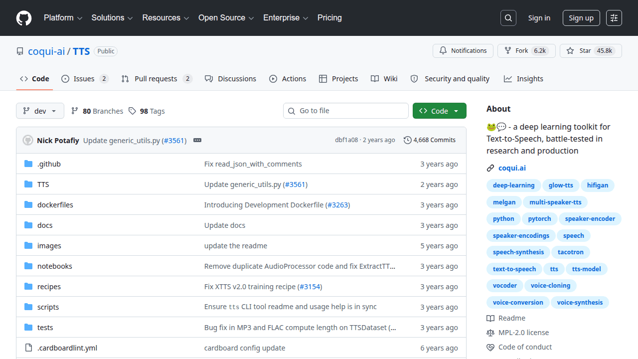 Coqui TTS GitHub repository