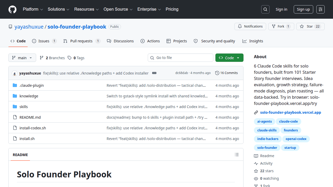Solo Founder Playbook GitHub repository