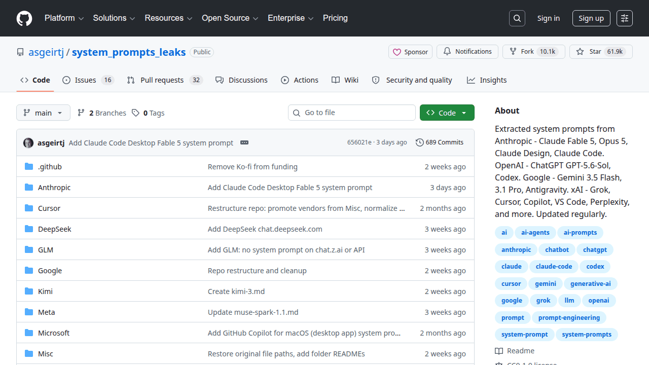 System Prompts Leaks GitHub repository